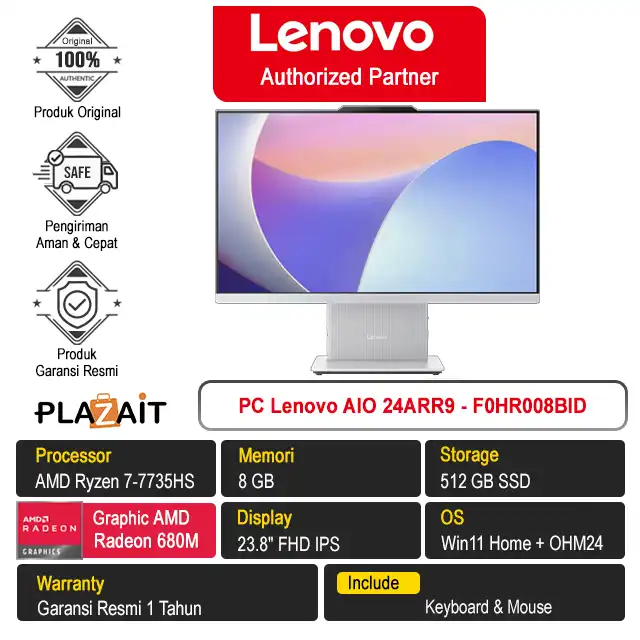 PC Lenovo AIO 24ARR9 - F0HR008BID /AMD Ryzen 7-7735HS/8GB/512GB SSD/AMD Radeon Graphics/23.8" FHD/Win 11 Home+OH24+M365/Cloud Grey/1Y
