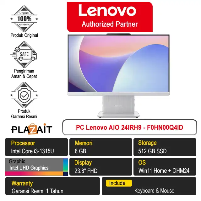 PC Lenovo AIO 24IRH9 - F0HN00Q4ID /Intel Core i3-1315U/8GB/512GB SSD/Intel UHD Graphics/23.8" FHD/Win 11 Home+OH24+M365/Cloud Grey/1Y