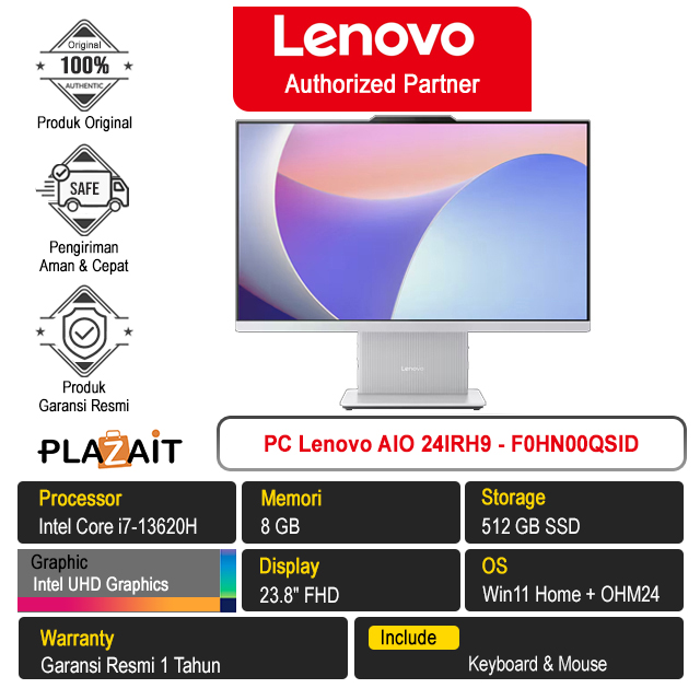 PC Lenovo AIO 24IRH9 - F0HN00QSID /Intel Core i7-13620H/8GB/512GB SSD/Intel UHD Graphics/23.8" FHD/Win 11 Home+OH24+M365/Cloud Grey/1Y