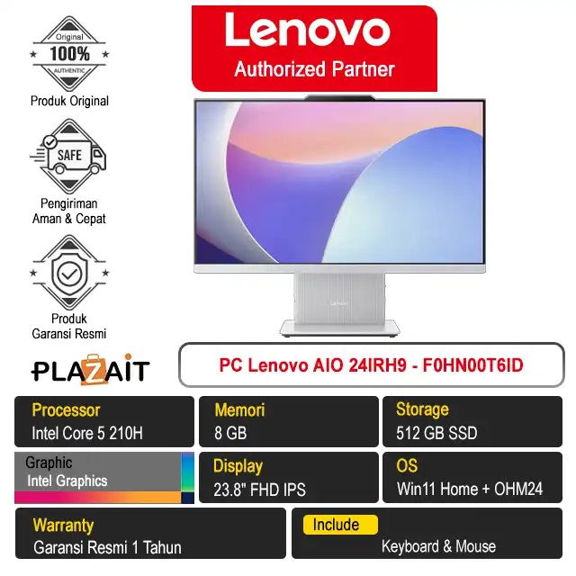 PC Lenovo AIO 24IRH9 - F0HN00T6ID /Intel Core 5-210H/8GB/512GB SSD/Intel Graphics/23.8" FHD/Win 11 Home+OH24+M365/Cloud Grey/1Y