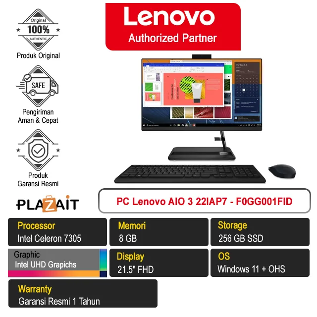 PC Lenovo AIO 3 22IAP7 - F0GG001FID /Intel Celeron 7305/8GB/256GB SSD/Intel UHD Graphics/21.5" FHD/Windows 11+OHS 2021/Black/1Y