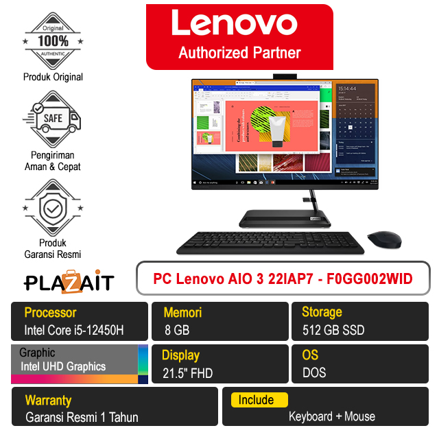 PC Lenovo AIO 3 22IAP7 - F0GG002WID /Intel Core i5-12450H/8GB/512GB SSD/Intel UHD Graphics/21.5" FHD/DOS/Black/1Y