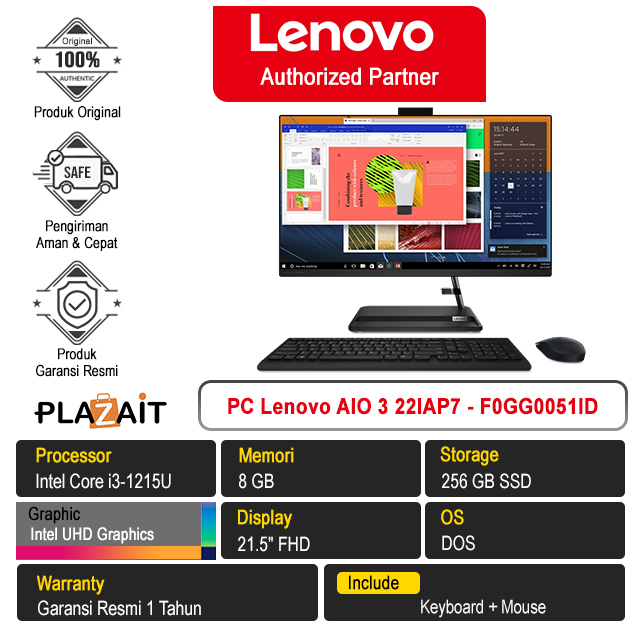 PC Lenovo AIO 3 22IAP7 - F0GG0051ID /Intel Core i3-1215U/8GB/256GB SSD/Intel UHD Graphics/21.5" FHD/DOS/Black/1Y