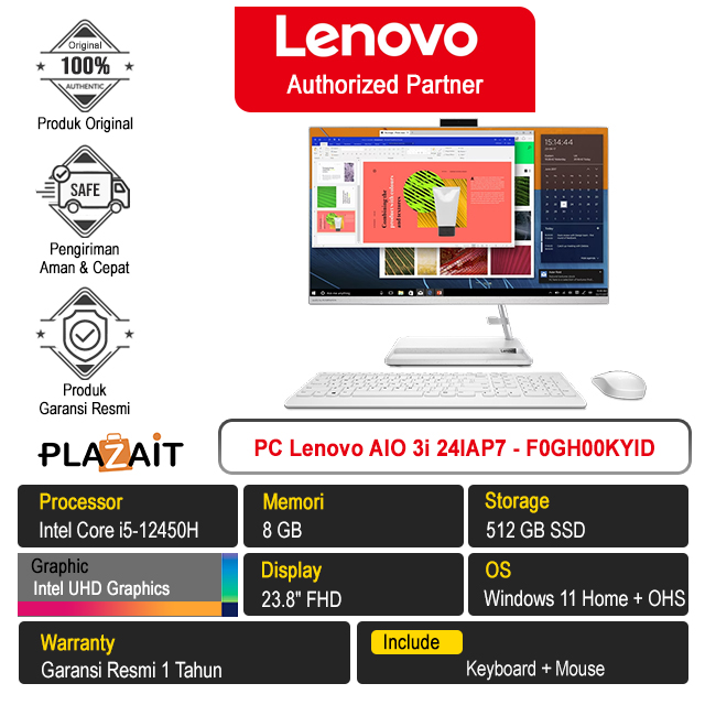 PC Lenovo AIO 3 24IAP7 - F0GH00KYID /Intel Core i5-12450H/8GB/512GB SSD/Intel UHD Graphics/23.8″ FHD/Win 11 Home+OHS 2021/White/1Y