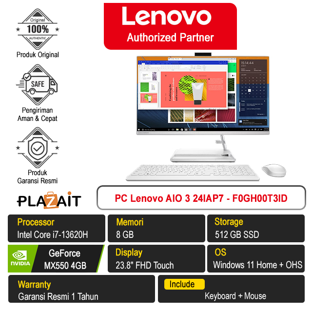 PC Lenovo AIO 3 24IAP7 - F0GH00T3ID /Intel Core i7-13620H/8GB/512GB SSD/MX550 4GB/23.8" FHD Touch/Win 11 Home+OHS 2021/White/1Y