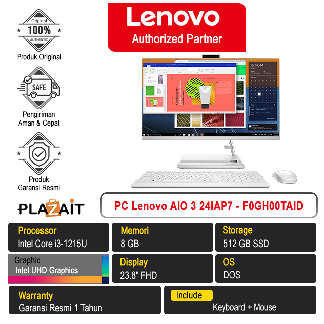 PC Lenovo AIO 3 24IAP7 - F0GH00TAID /Intel Core i3-1215U/8GB/512GB SSD/Intel UHD Graphics/23.8" FHD/DOS/White/1Y
