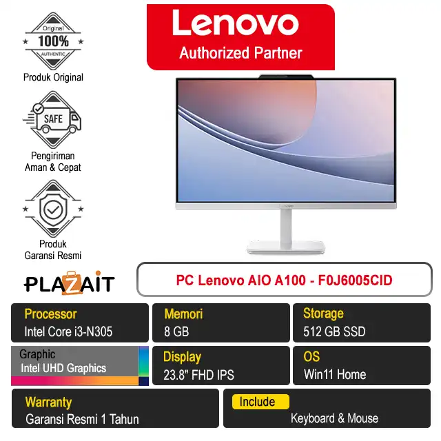 PC Lenovo AIO A100 - F0J6005CID /Intel Core i3-N305/8GB/512GB SSD/Intel UHD Graphics/23.8" FHD IPS/Win 11 Home/Cloud Grey/1Y