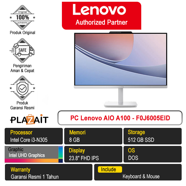PC Lenovo AIO A100 - F0J6005EID /Intel Core i3-N305/8GB/512GB SSD/Intel UHD Graphics/23.8" FHD IPS/DOS/Cloud Grey/1Y