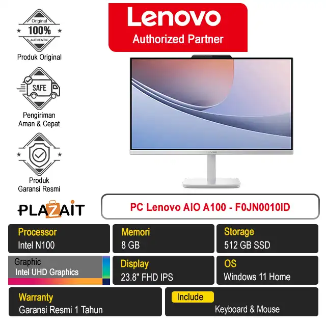 PC Lenovo AIO A100 - F0JN0010ID /Intel N100/8GB/512GB SSD/Intel UHD Graphics/23.8" FHD IPS/Win 11 Home/Cloud Grey/1Y