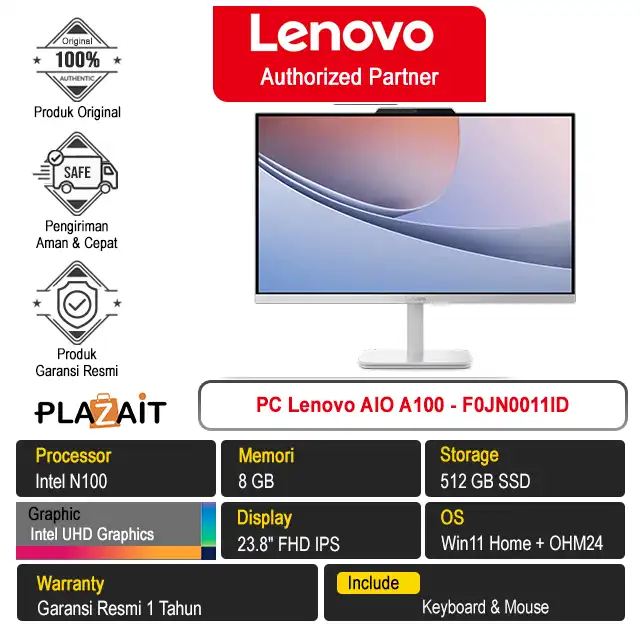 PC Lenovo AIO A100 - F0JN0011ID /Intel N100/8GB/512GB SSD/Intel UHD Graphics/23.8" FHD IPS/Win 11 Home+OH24+M365/Cloud Grey/1Y