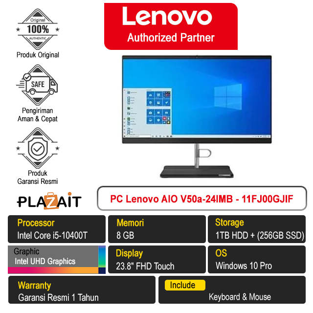 PC Lenovo AIO V50a-24IMB - 11FJ00GJIF /Intel Core i5-10400T/8GB/1TB HDD + 256GB SSD/Intel UHD Graphics/23.8″ FHD Touch/Win 10 Pro/Black/1Y