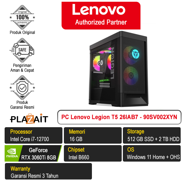 PC Lenovo Legion T5 26IAB7 - 90SV002XYN /Intel Core i7-12700/16GB/512GB SSD + 2TB HDD/RTX 3060Ti 8GB/Win 11 Home+OHS 2021/Black/3Y