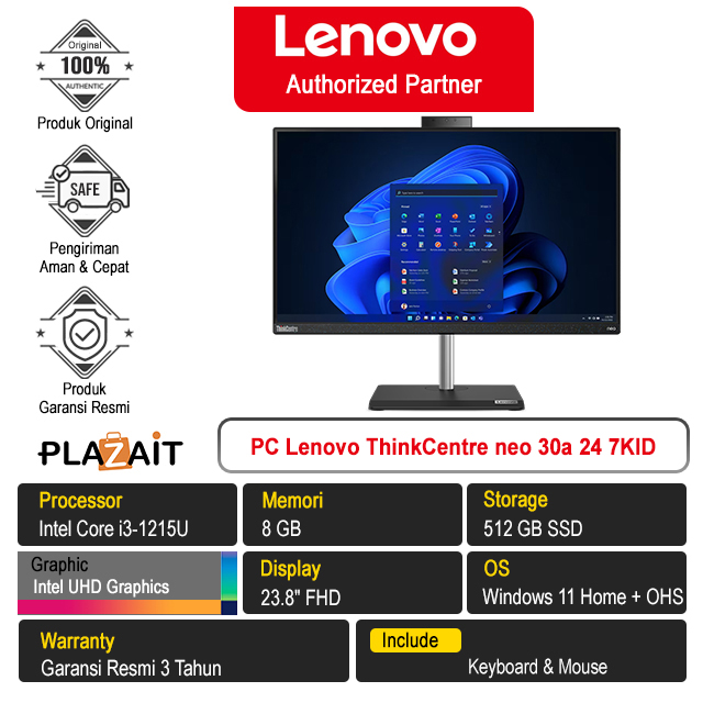 PC Lenovo ThinkCentre neo 30a 24 - 12CEA07KID /Intel Core i3-1215U/8GB/512GB SSD/Intel UHD Graphics/23.8" FHD/Win 11 Home+OHS 2021/Raven Black/3Y