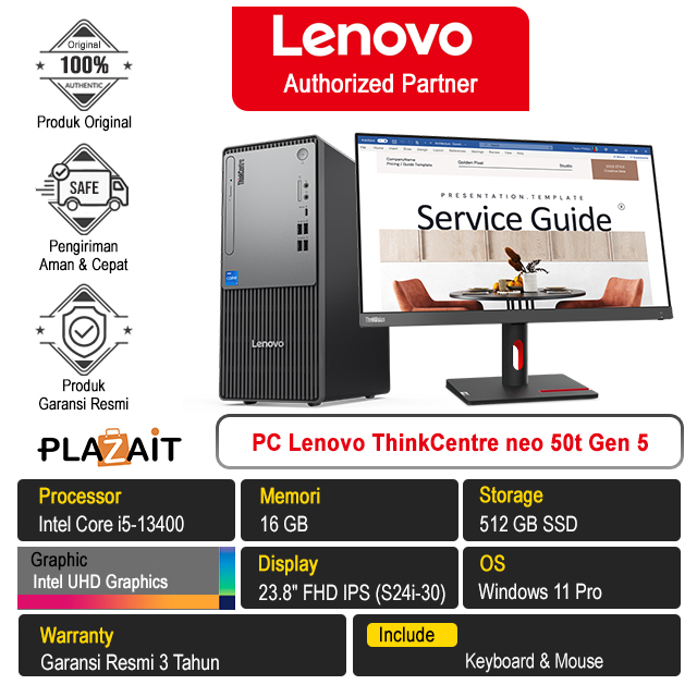 PC Lenovo ThinkCentre neo 50t Gen 5 /Intel Core i5-13400/16GB/512GB SSD/Intel UHD Graphics/23.8" FHD IPS/Windows 11 Pro/Black/3Y