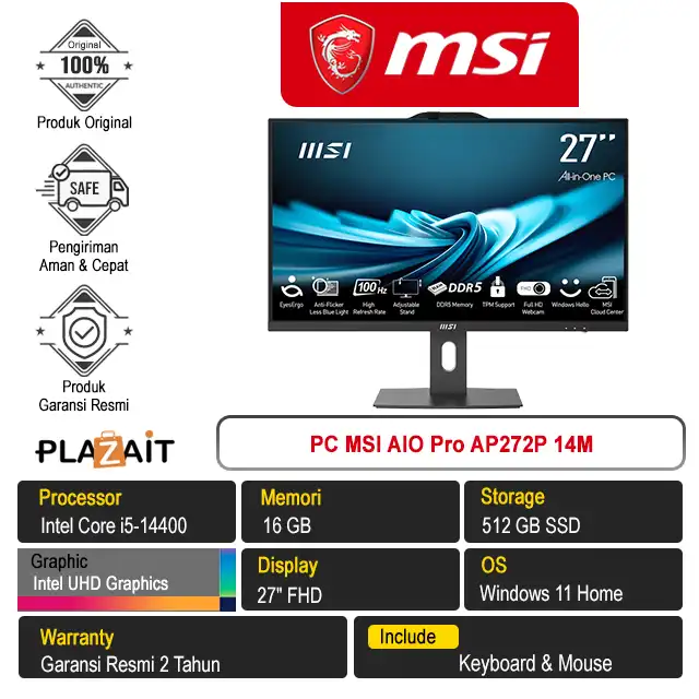 PC MSI AIO Pro AP272P 14M /Intel Core i5-14400/16GB/512GB SSD/Intel UHD Graphics/27" FHD/Windows 11 Home/Black/2Y