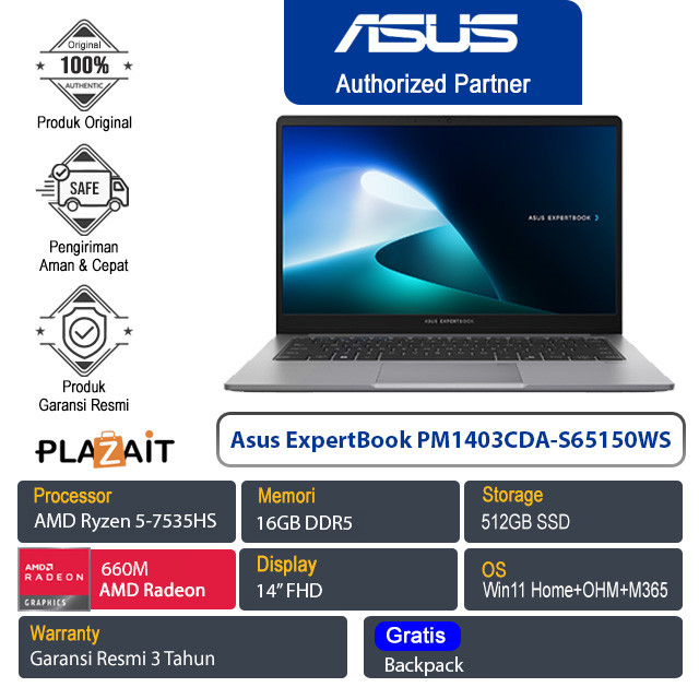 Asus ExpertBook PM14 PM1403CDA-S65150WS /AMD Ryzen 5-7535HS/16GB/512GB SSD/AMD Radeon 660M/14" FHD/Win 11 Home+OHM+M365/Misty Grey/3Y