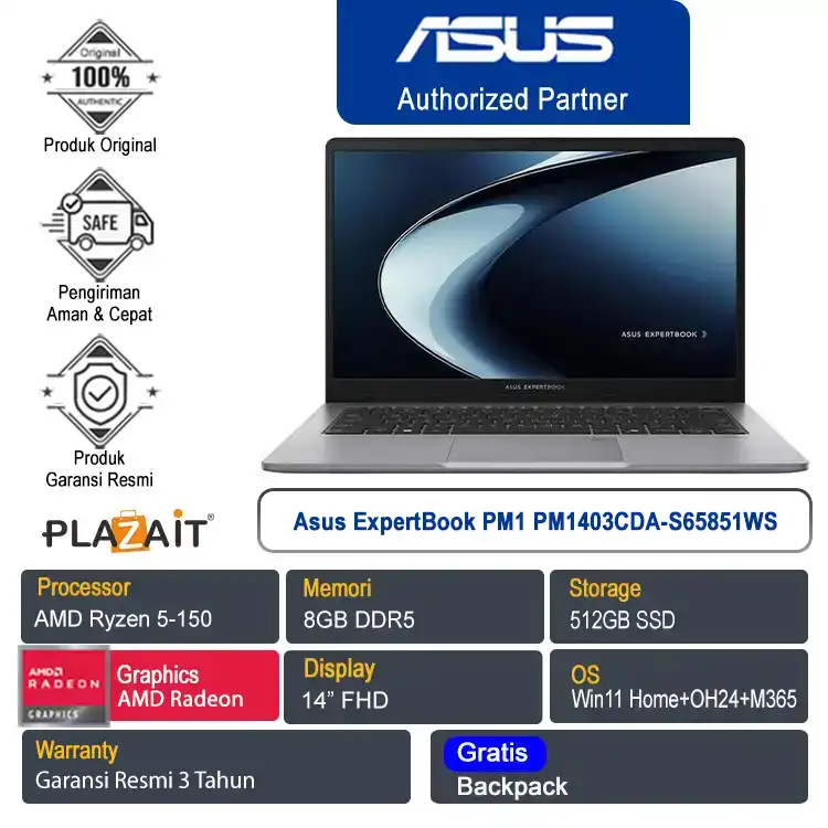 Asus ExpertBook PM1 PM1403CDA-S65851WS /AMD Ryzen 5-150/8GB/512GB SSD/AMD Radeon Graphics/14" FHD/Win 11 Home+OH24+M365/Misty Grey/3Y