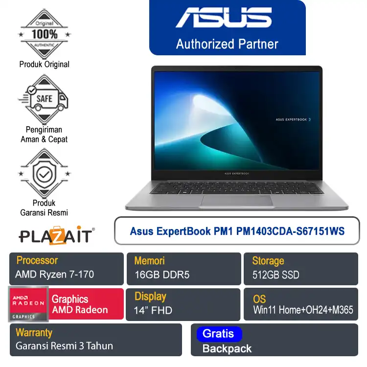Asus ExpertBook PM1 PM1403CDA-S67151WS /AMD Ryzen 7-170/16GB/512GB SSD/AMD Radeon Graphics/14" FHD/Win 11 Home+OH24+M365/Misty Grey/3Y