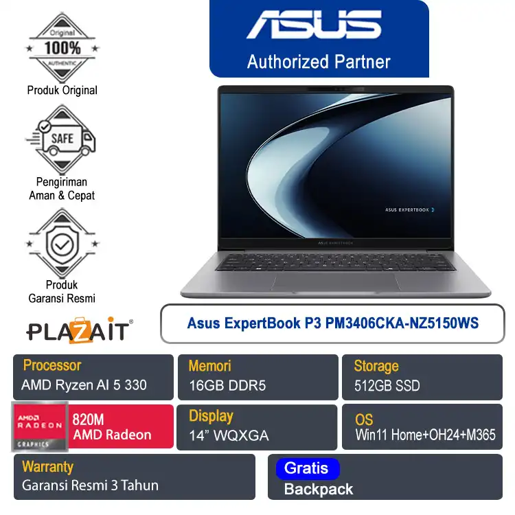 Asus ExpertBook P3 PM3406CKA-NZ5150WS /AMD Ryzen AI 5 330/16GB/512GB SSD/AMD Radeon 820M/14" WQXGA/Win 11 Home+OH24+M365/Misty Grey/3Y