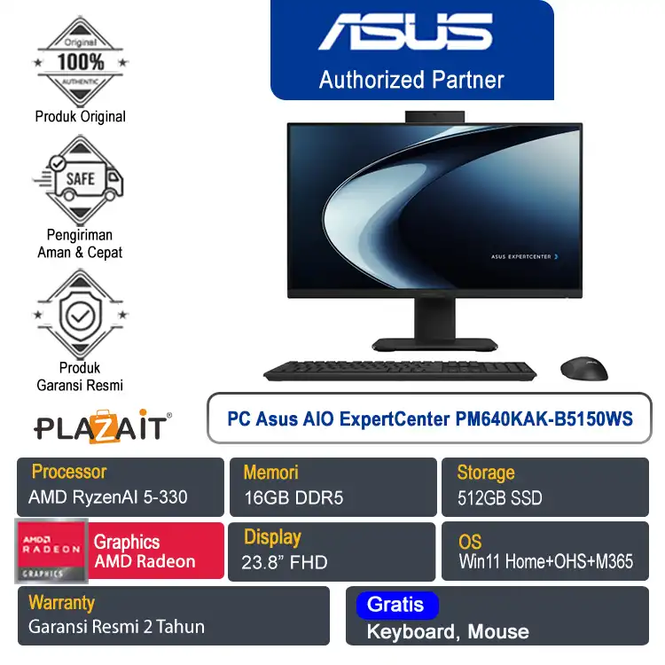 PC Asus All In One ExpertCenter PM640KAK-B5150WS /AMD Ryzen AI 5-330/16GB/512GB SSD/AMD Radeon Graphics/23.8" FHD/Win 11 Home+OHS+M365/Black/2Y