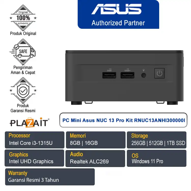 PC Mini Asus NUC 13 Pro Kit RNUC13ANHI300000I /Intel Core i3-1315U/8GB | 16GB/256GB | 512GB | 1TB SSD/Win 11 Pro/Black/3Y