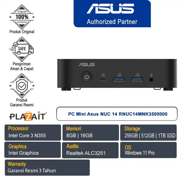 PC Mini Asus NUC 14 Essential RNUC14MNK3500000 /Intel Core 3 N355/8GB | 16GB/256GB | 512GB | 1TB SSD/Win 11 Pro/Black/3Y
