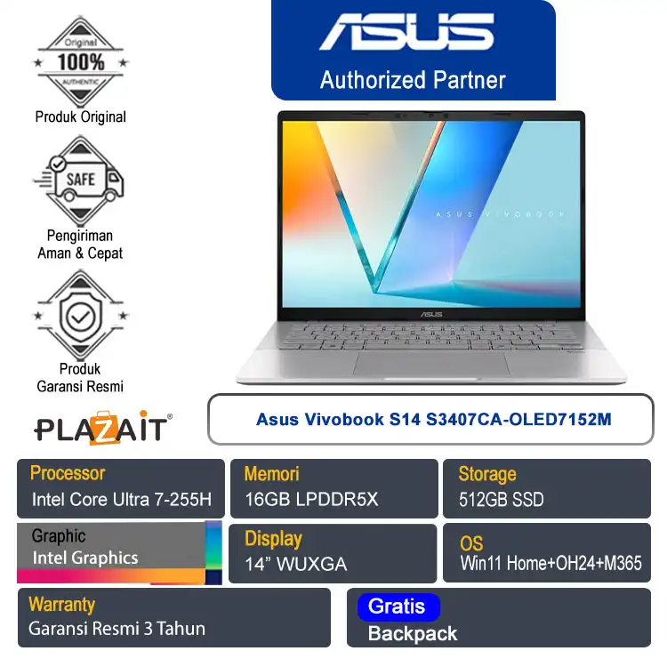 Asus Vivobook S14 S3407CA-OLED7152M /Intel Core Ultra 7-255H/16GB/512GB SSD/Intel Graphics/14" WUXGA/Win 11 Home+OH24+M365/Cool Silver/3Y