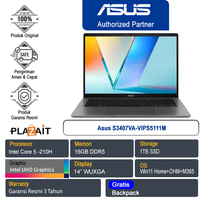 Asus S3407VA-VIPS5111M /Intel Core 5-210H/16GB/1TB SSD/Intel UHD Graphics/14" WUXGA /Win 11 Home+OHM+M365/Matte Gray/3Y