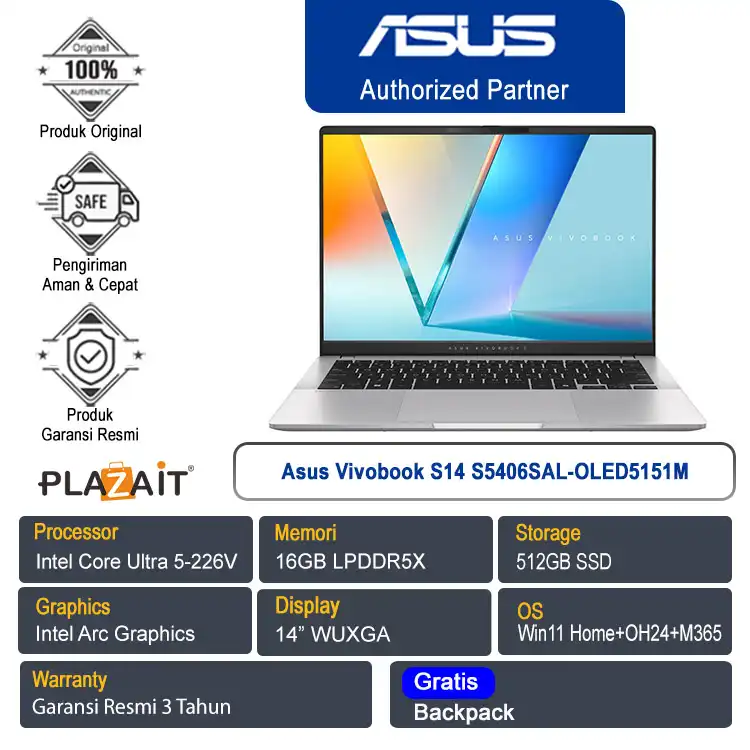 Asus Vivobook S14 S5406SAL-OLED5151M /Intel Core Ultra 5-226V/16GB/512GB SSD/Intel Arc Graphics/14" WUXGA/Win 11 Home+OH24+M365/Cool Silver/3Y