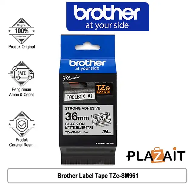 Brother Label Tape TZe-SM961 36mm Strong Adhesive Black On Silver