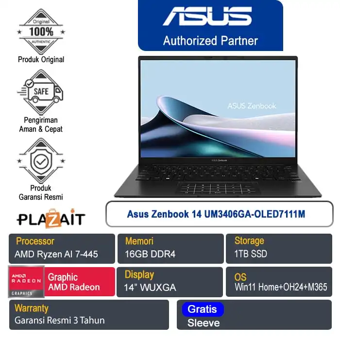 Asus Zenbook 14 UM3406GA-OLED7111M /AMD Ryzen AI 7-445/16GB/1TB SSD/AMD Radeon Graphics/14" WUXGA/Win 11 Home+OH24+M365/Jade Black/3Y
