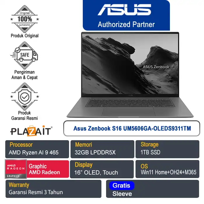 Asus Zenbook S16 UM5606GA-OLEDS9311TM /AMD Ryzen AI 9 465/32GB/1TB SSD/AMD Radeon Graphics/16" OLED Touch/Win 11 Home+OH24+M365/Antrim Gray/3Y