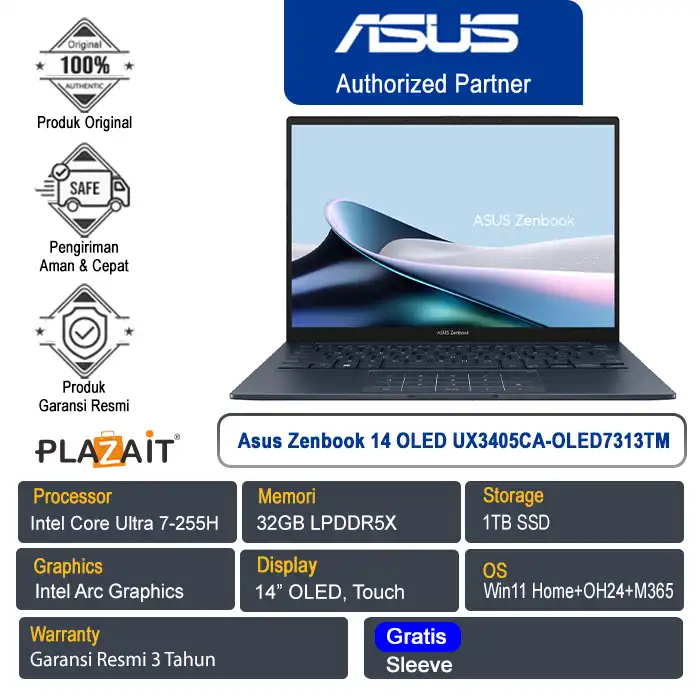 Asus Zenbook 14 OLED UX3405CA-OLED7313TM /Intel Core Ultra 7-255H/32GB/1TB SSD/Intel Arc Graphics/14" OLED Touch/Win 11 Home+OH24+M365/Ponder Blue/3Y