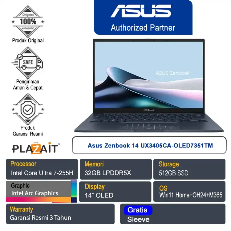Asus Zenbook 14 UX3405CA-OLED7351TM /Intel Core Ultra 7-255H/32GB/512GB SSD/Intel Arc Graphics/14" OLED Touch/Win 11 Home+OH24+M365/Ponder Blue/3Y