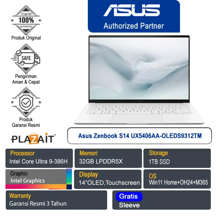 Asus Zenbook S14 UX5406AA-OLEDS9312TM /Intel Core Ultra 9-386H/32GB/1TB SSD/Intel Graphics/14" OLED Touch/Win 11 Home+OH24+M365/Scandinavian White/3Y