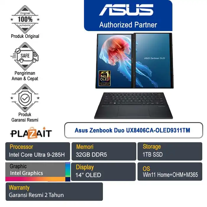 Asus Zenbook Duo UX8406CA-OLED9311TM /Intel Core Ultra 9-285H/32GB/1TB SSD/Intel Arc Graphics/14" OLED Touch/Win 11 Home+OHM+M365/Moher Grey/3Y