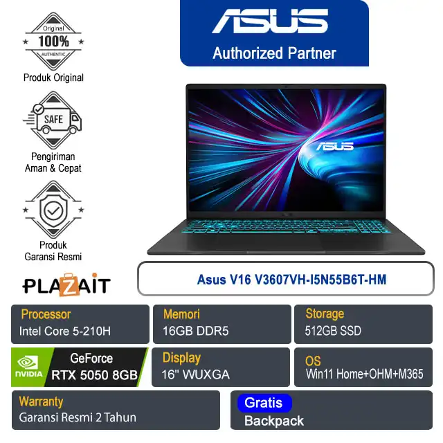 Asus V16 V3607VH-I5N55B6T-HM /Intel Core 5-210H/ 16GB/512GB SSD/NVIDIA GeForce RTX  5050 8GB/16″ WUXGA/Win 11 Home+OHM+M365/Matte Black/2Y