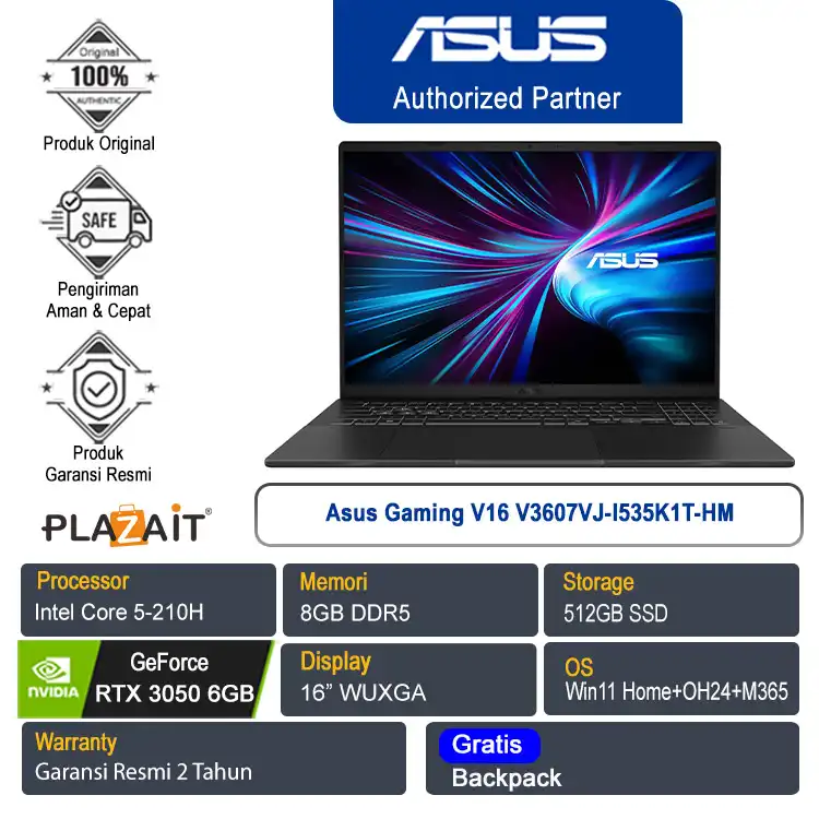 Asus Gaming V16 V3607VJ-I535K1T-HM /Intel Core 5-210H/8GB/512GB SSD/NVIDIA GeForce RTX 3050 6GB/16" WUXGA/Win 11 Home+OH24+M365/Matte Black/2Y