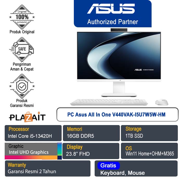 PC Asus All In One V440VAK-I5U7W5W-HM /Intel Core i5-13420H/16GB/1TB SSD/Intel UHD Graphics/23.8" FHD/Win 11 Home+OHM+M365/White/2Y