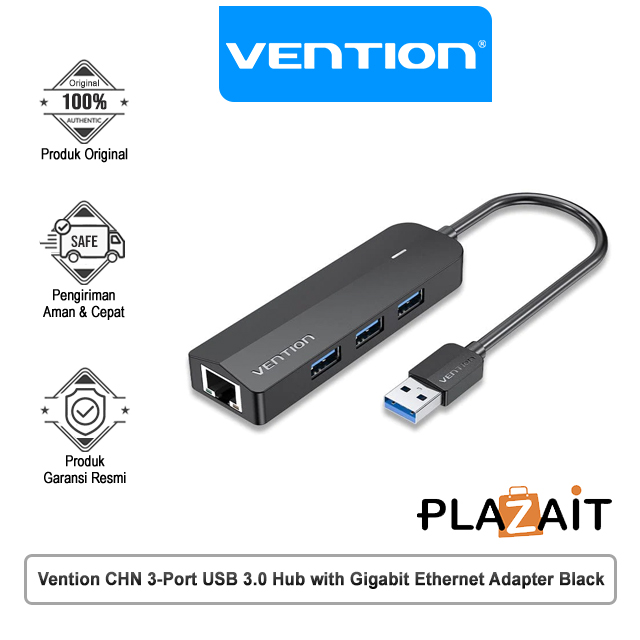 Vention CHN 3-Port USB 3.0 Hub with Gigabit Ethernet Adapter Black